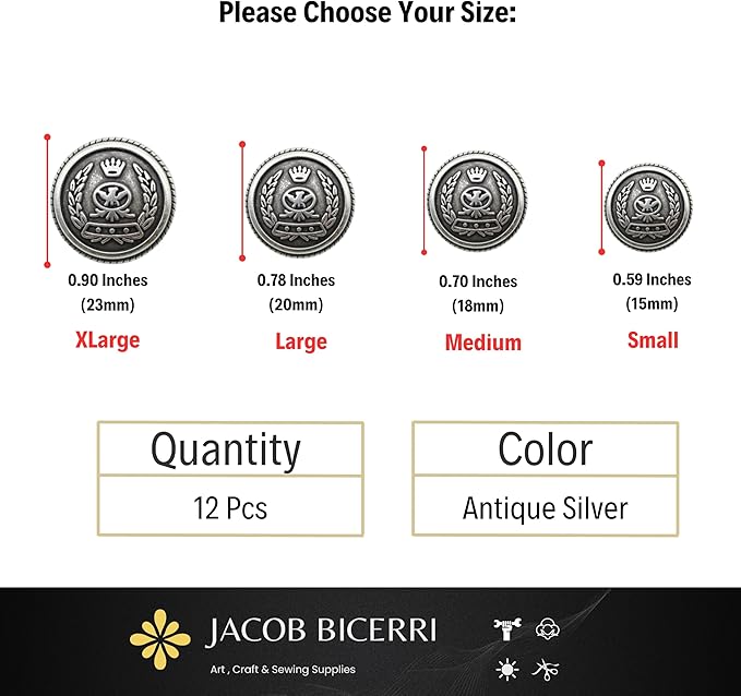 Antique Silver Metal Buttons - 12 Pcs - 4 Size Options - Crown of Rome Round Metal Shank Buttons Vintage for Men Women Blazer Coat Uniform Shirt Suit and Jacket Sewing Craft DIY N12701