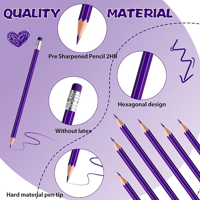 36 PCS Purple Checking Pencils Erasable Colored Pencils with Eraser Pre-Sharpened 2 HB for Checking, Grading, Tests & Office/School Supplies (Purple)