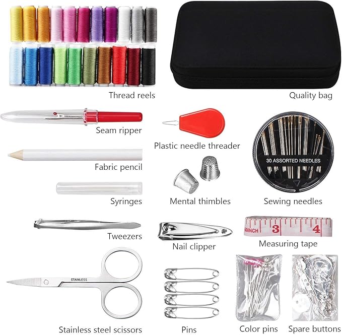 JUNING Sewing Kit with Case, 130 pcs Sewing Supplies for Home Travel and Emergency, Machine, Contains 24 Spools of Thread, Mending and Sewing Needles, Scissors, Thimble,Measuring Tape