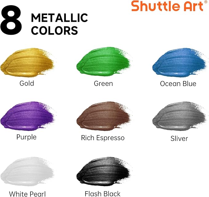 Shuttle Art 8 Colors Metallic Acrylic Paint, 250ml/8.45oz Bottles Acrylic Paint Set, Rich Metallic Shade, Bulk Painting Supplies for Artists, Beginners and Kids Painting on Rocks Crafts Canvas Wood