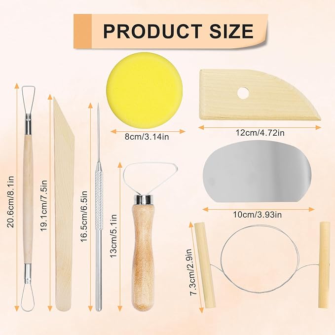 eZAKKA 8 Pcs Pottery & Clay Sculpting Tools, Double-Sided, Ceramics Tools Smooth Wooden Handles for Trimming, Embossing Pattern