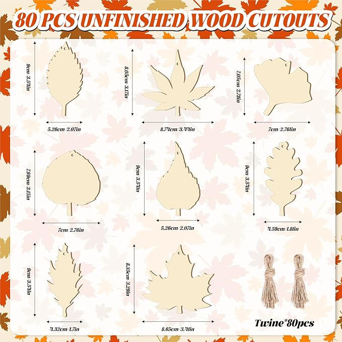 Subacy 80 PCS Unfinished Wood Cutouts 8 Styles DIY Wooden Crafts, Autumn Maple Ornaments Painting Kit for Kids, Birthday Thanksgiving Creativity Arts & Crafts (Maple Leaves)