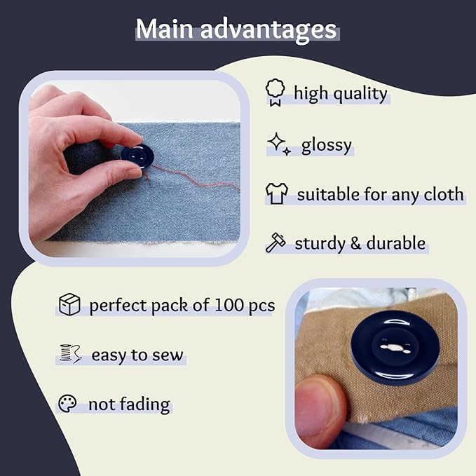 3/4" Navy 100 Pcs Sewing Buttons 2 Hole Dark Blue 0.75 Plastic Buttons Polished 30L Glossy Finish Round Uniform Buttons for Sewing Jacket Work Uniforms Workwear School Chef Pants Jacket Bags Craft DIY