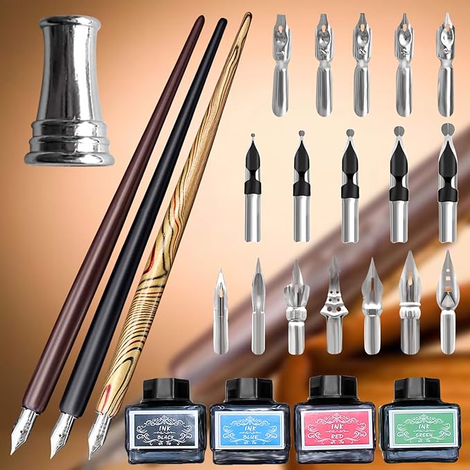 Calligraphy Set For Beginners, 3 Calligraphy Pens, 4 Ink Bottle 15ml, 20 Calligraphy Nibs, 1 Calligraphy Pen Holder, Dip Pen Set, Gift For Men, Women And Kids, Calligraphy Kit For Beginners