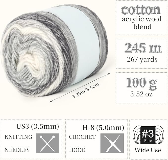 Aeelike Gradient Yarn for Crocheting, 3 Skeins Cake Yarns 100g (3.52 oz) 245m (267 Yards) # 3 Light Weight - Super Soft Ombré Fairyland Yarns for Making Colorful Crafts, Grey White Gradient
