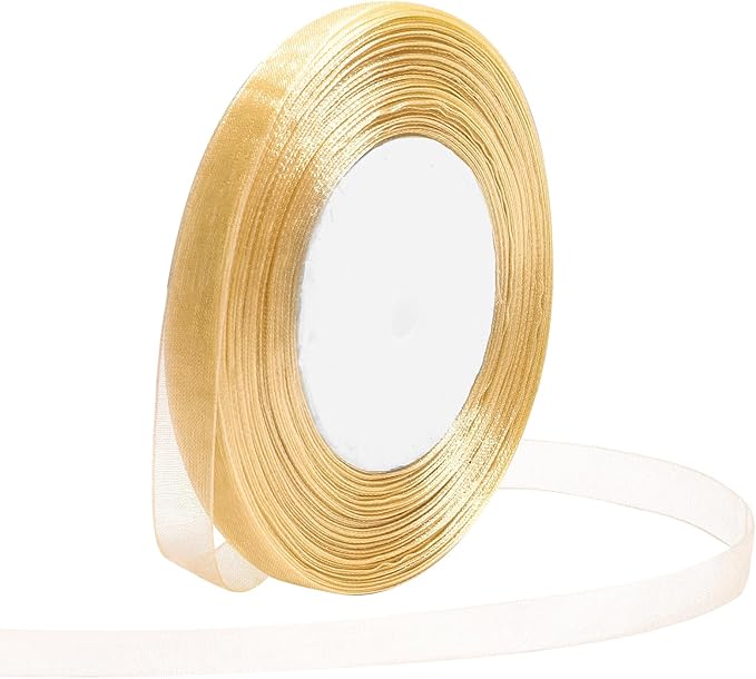 Gold Ribbon for Gift Wrapping 3/8 inch Sheer Organza Ribbon for Flower Bouquet Tulle Chiffon Ribbons for Wedding Invitations Christmas Halloween Decorations Crafts 50 Yards