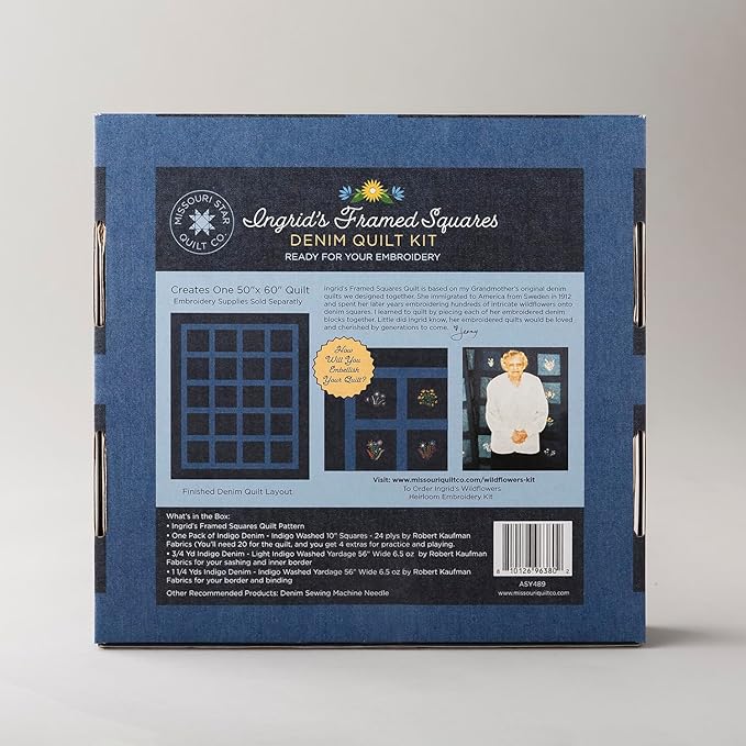 Indigo Washed Denim Quilting Kit | 10” Quilting Fabric Squares, 6.5 oz Yardage, Quilt Pattern Included | Quilt Supplies for Cutting Patterns, Embroidery, Sewing, and Blanket Making