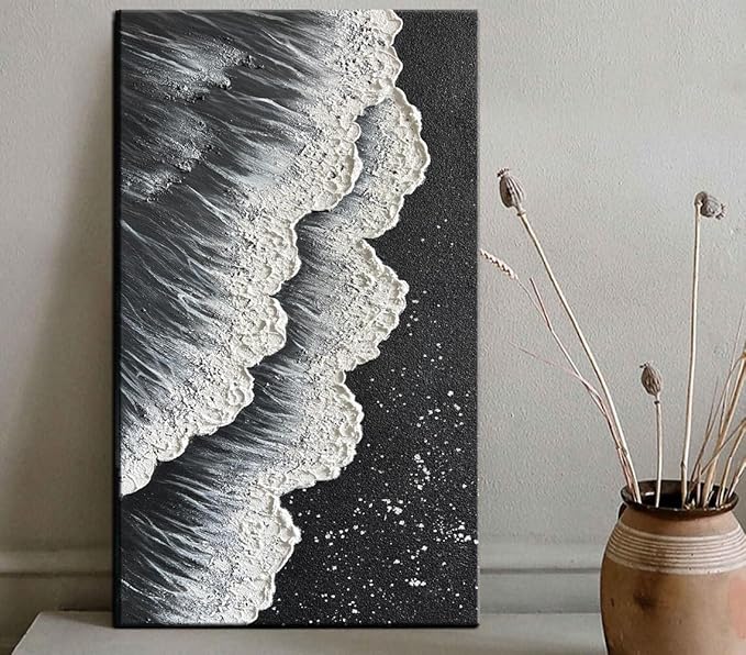YaSheng Art - Oil Painting on Canvas Texture Black and White Ocean scenery sandbeach 3D Oil Painting Hand-Painted Abstract Artwork Paintings Modern Home Decor Living room sofa bedroom dining room hanging pictures Canvas Wall Art 24x48inch