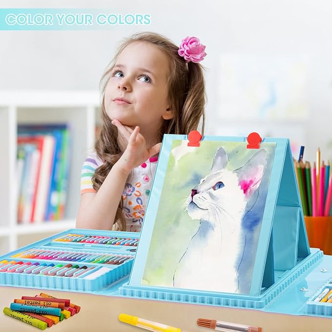 VigorFun Art Supplies, 240-Piece Drawing Art Kit, Gifts Art Set Case with Double Sided Trifold Easel, Includes Sketch Pads, Oil Pastels, Crayons, Colored Pencils, Watercolor Cakes, Stickers (Cyan)