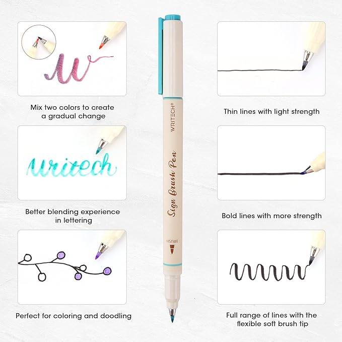 WRITECH Arts Sign Brush Pen Brush Tip Marker Felt Tip Water Based Ink Color Pens 12 Assorted Pastel Colors Great for Lettering, Journaling, Calligraphy (Natural)