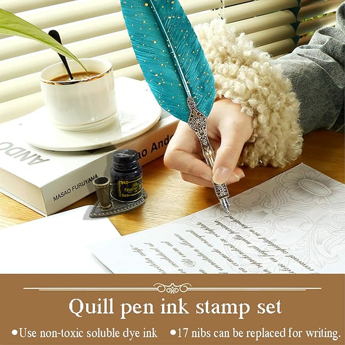 Feather Calligraphy Pen Ink Set, Includes Quill Pen and Wooden Dip Pen, Ink,17 Replacement Nib, Pen Base, 3 Wax Seal Sticks, Stamp, White Wax, Spoon, Envelope Letter Paper, Envelope Tool(Green)