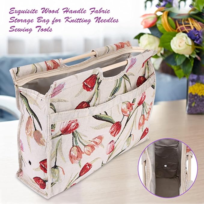 KooingTech Yarn Bag, Knitting Bag, 16.5 x 11.8 x 4.3 Inch Crochet Project Bag with Wood Handle, Foldable Knitting Project Bag, Tulip Pattern Knitting Tote Bag for Yarn Supplies (Rose Jacquard)