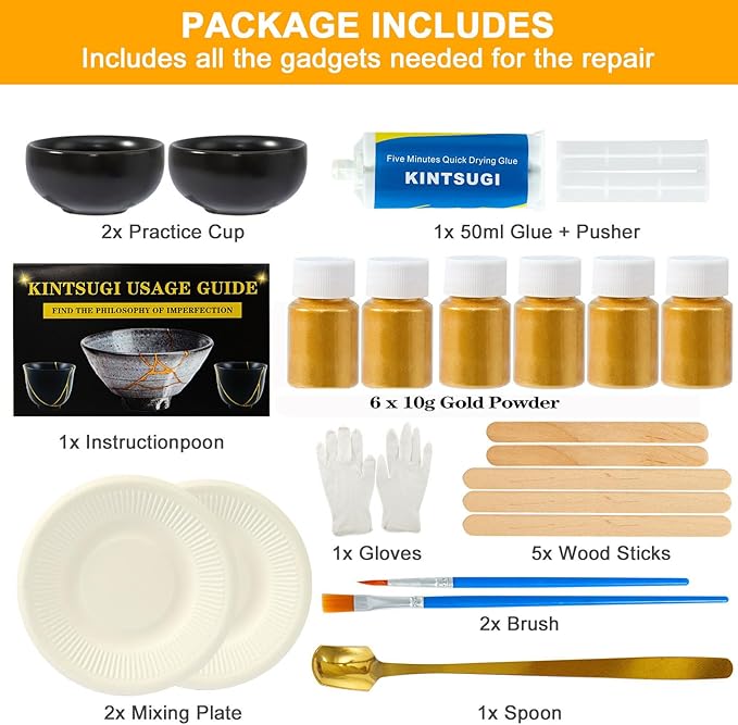 deuvuo Kintsugi Repair Kit Gold, 21 Pcs Authentic Kintsugi Repair Kit to Revive Your Broken Ceramic, Pottery, Mug, Bowl, Glass Keepsakes with Ease - Japanese Art DIY Set Bio for Beginners