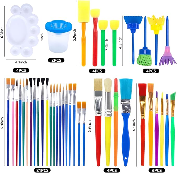 BigOtters Painting Brushes, 45PCS Kids All Purpose Paint Supplies Include Paint Cups with Lids Palette Tray Multi Sizes Brush for Children Gifts School Prizes Art Party