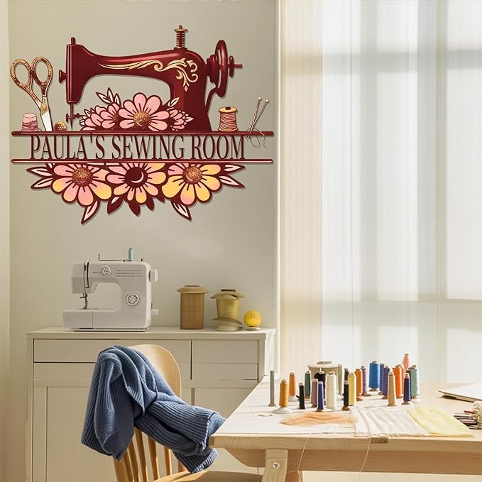 Custom Sewing Machine Metal Sign with Name, Personalized Sewing Room Quilting Studios Craft Space Decor, Customized Mother's Day Birthday Gifts for Quilters Women Mom Grandma Wife