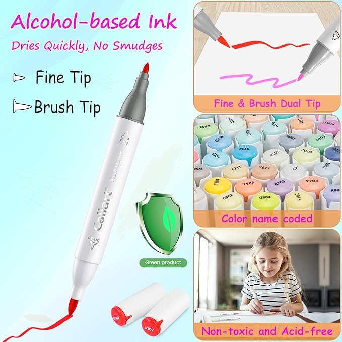 Caliart 121 Colors Alcohol Markers Brush Tip, Dual Tip Artists Coloring Markers Set Brush & Fine, Permanent Alcohol Based Colored Sketch Pens, Art Supplies Gifts for Adults Illustration Drawing