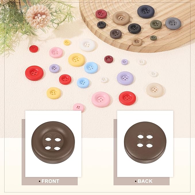 HARFINGTON 50pcs Sewing Button 11mm (15/32 Inch) 4 Holes Resin Thickened Round Crafting Replacement Buttons for Clothing DIY Crafts Decoration, Dark Brown
