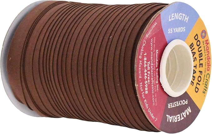Mandala Crafts 55 Yards 1/2 Inch Brown Double Fold Bias Tape for Sewing - Bias Binding Tape for Quilting Binding, Hemming, Seam, and Fabric Piping