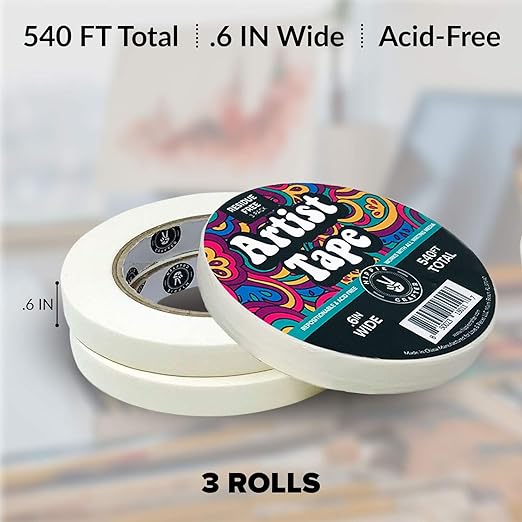 3pk White Artist Tape for Watercolor Paper, Painters, Artists, Painting, Removable Masking, Drafting, Canvas Framing, Paint Mask, Thin, Residue-Free, Low Tack Acid, 0.6in