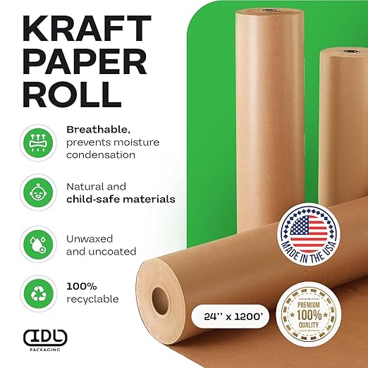 IDL Packaging Large Brown Kraft Paper Roll 24" x 1200 feet (14400 inches) - Natural Unbleached, Uncoated Kraft Paper - Perfect Packaging Wrapping Kraft Paper - Old-Fashioned Gift Wrapping Paper
