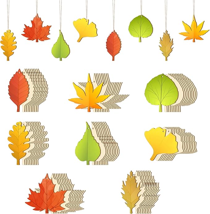 Subacy 80 PCS Unfinished Wood Cutouts 8 Styles DIY Wooden Crafts, Autumn Maple Ornaments Painting Kit for Kids, Birthday Thanksgiving Creativity Arts & Crafts (Maple Leaves)