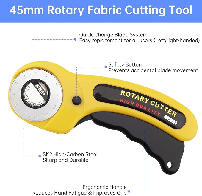 Rotary Cutter Set, 45mm Fabric Cutter, A4 Cutting Mat 11.8x8.6inch, Dual Scale Quilting Ruler and Craft Knife Set, Ideal for Crafting, Sewing, Scrapbooking, Patchworking
