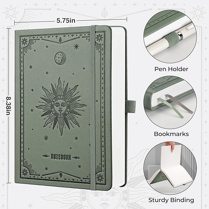 EMSHOI Bullet Dotted Journal Notebook - 320 Pages, 100gsm Thick Paper, A5 Hardcover Leather, Dot Grid Notebook for Women Men Work Writing, Bullet Journaling, Drawing, 5.75 x 8.38, Green
