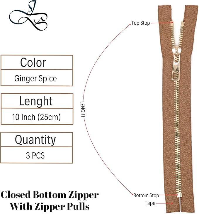 #5 Gold Metal Zipper - 50+ Colors - 3 PCS - (4-14 inches) Sizes - Luxury Lightweight Handcraft Metal Zippers with pulls for Purses Bags Pockets Shoes Sewing & Crafts DIY ZP024510