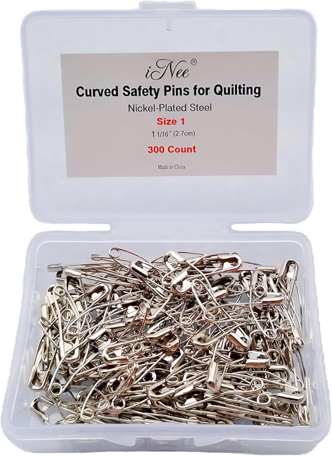 iNee Curved Safety Pins for Quilting, Nickel-Plated Steel, Size 1, 300 Count