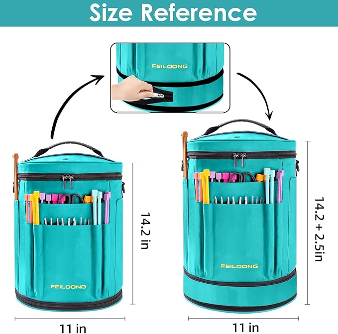 Expandable Large Crochet Bag, Zippered Yarn Storage Organizer & Knitting Tote Bag with Multiple Pockets, Craft Accessories Case, Gift for Crafters