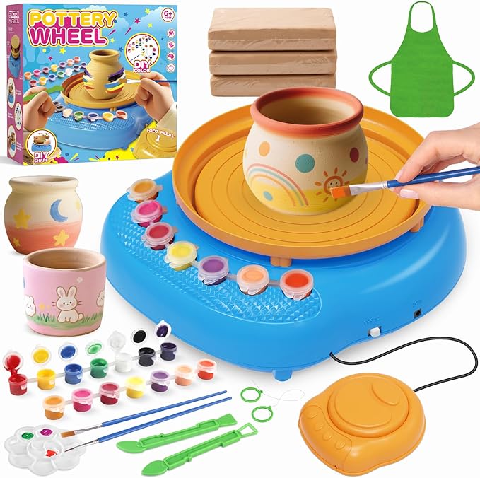 TingingYuli Pottery Wheel for Kids,Complete Pottery Kit and Tools for Beginners,Arts and Crafts Toys for Kids Ages 8-12,Art Supplies Birthday Gifts for Boy Girl Age 6 7 8 9 10 11 12 (Yellow/Blue)