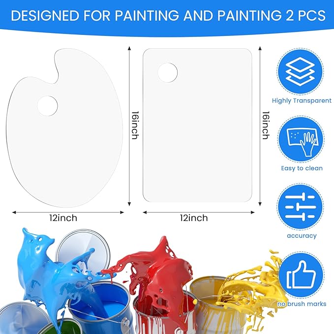 2 Pack 16 x 12 Inch Acrylic Paint Palette with Thumb Hole Clear Paint Pallet Easy Clean Nonstick for Oil Watercolor Craft DIY Art Painting