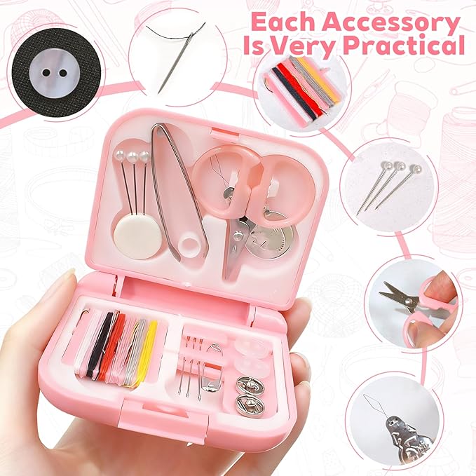 3 Pcs Mini Travel Emergency Sewing Kit – Portable Plastic Box Set with Threads,Needles,Scissors & Threader,Beginner-Friendly for Adults,Women,Mom,Traveler (Pink,Blue,Fuchsia)