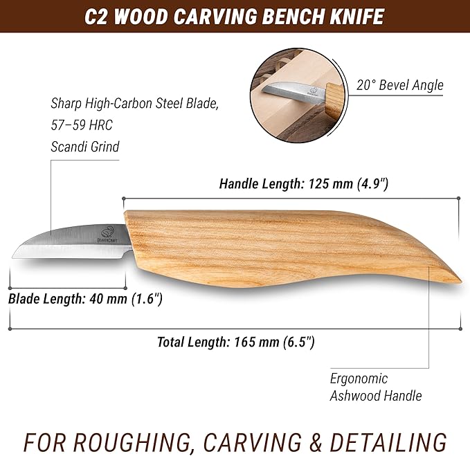 BeaverCraft Whittling Knife C2 6.5" - Wood Chip Carving Knife for General Purpose - Detail Whittling Knives Carbon Steel - Wood Carving Tools for Beginners