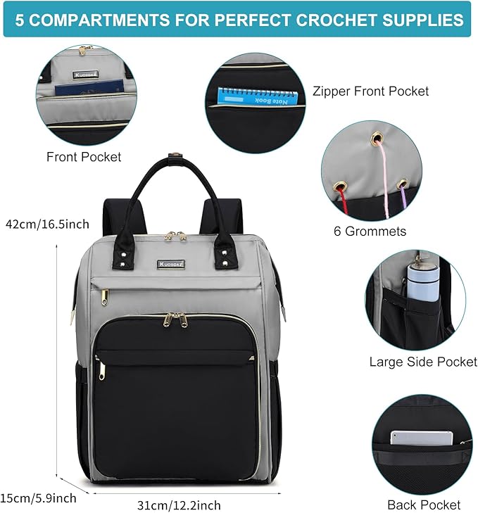 Crochet Bag Backpack, Large Yarn Storage Crochet Organizer, Christmas Gifts Travel Crochet Backpack for Women, Knitting & Crochet Accessories for Crochet Hooks, Black & Grey