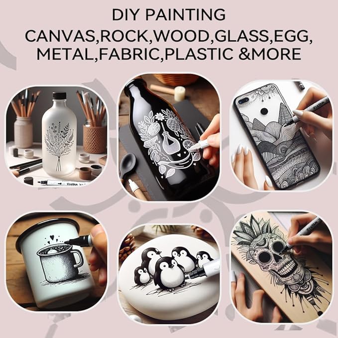 TRANSON 4 Black and 4 White Paint Markers Bold and Fine Dual-tip Acrylic Paint Marker Set for Rock Painting Glass Canvas Wood Leather Ceramic Painting