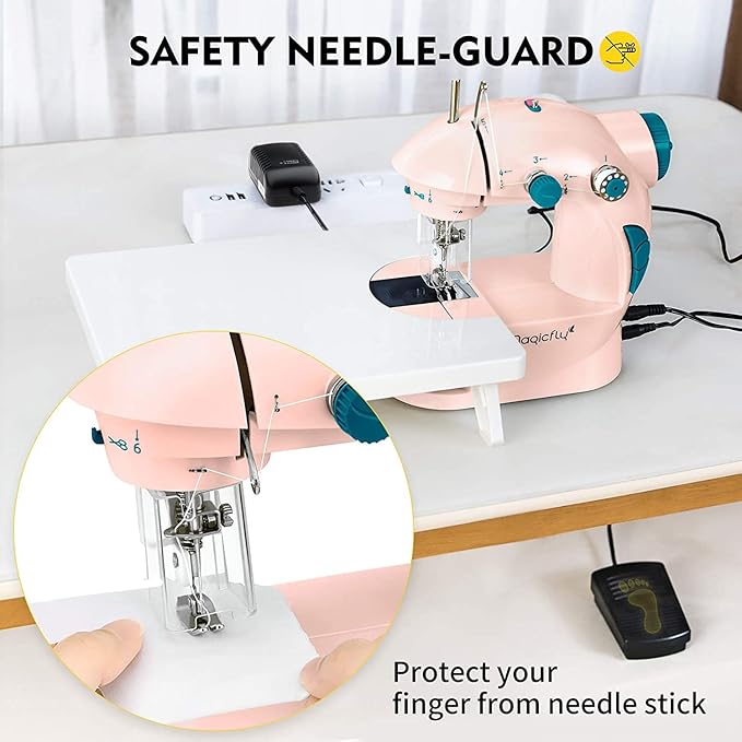 Magicfly Mini Sewing Machine with Extension Table, Dual Speed Portable Sewing Machine for Beginners with Light, Sewing Kit for Household Use, Pink