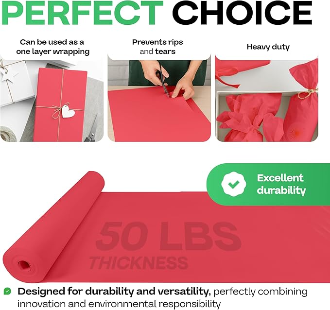 Christmas Red Kraft Paper Roll 24" x 1200" (100 feet) with Cutter - USA-Made Gift Wrapping Paper for Packing, Moving, Shipping & Crafts/Arts - 100% Recyclable Natural Craft Material by IDL Packaging