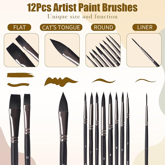 Watercolor Paint Brush Set,12Pcs Professional Paint Brushes for Acrylic Painting,Soft Synthetic Fine Hair Oil Paint Brushes,Flat,Round, Cat's Tongue,Liner for Detail Painting and Art Painting
