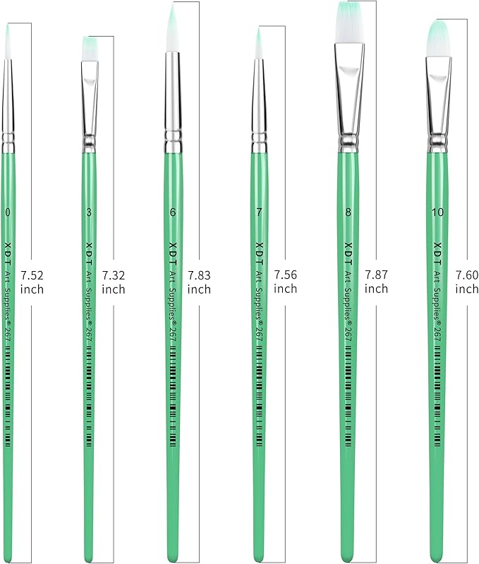 XDT#267 Artist Paint Brush Set, 6Pcs Nylon Brushes for Acrylic Painting, Watercolor, and More–Includes Filbert, Round Tip, and Flat Brushes