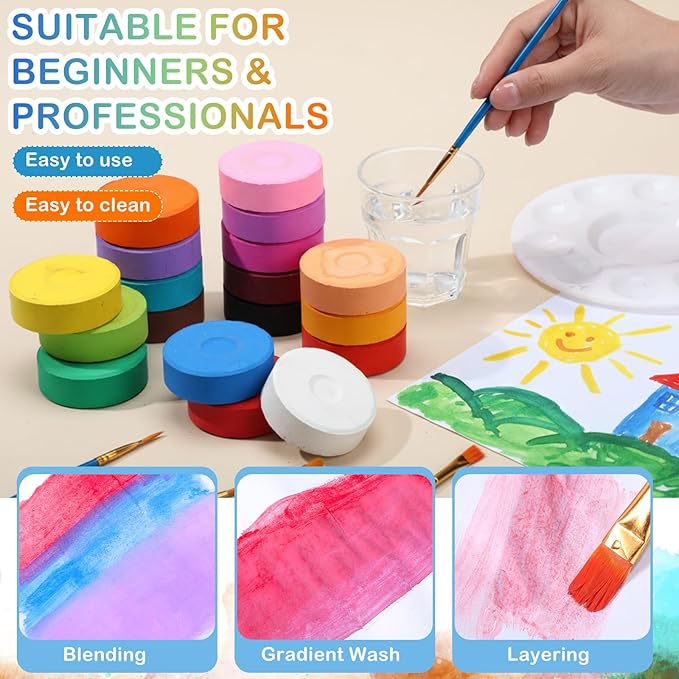 Nuanchu 18 Pcs Tempera Paint Cakes 18 Colors Large Washable Cake Paint 2.24 x 0.71inch Paints Blocks Art Supplies for Classroom Art Painting Drawing