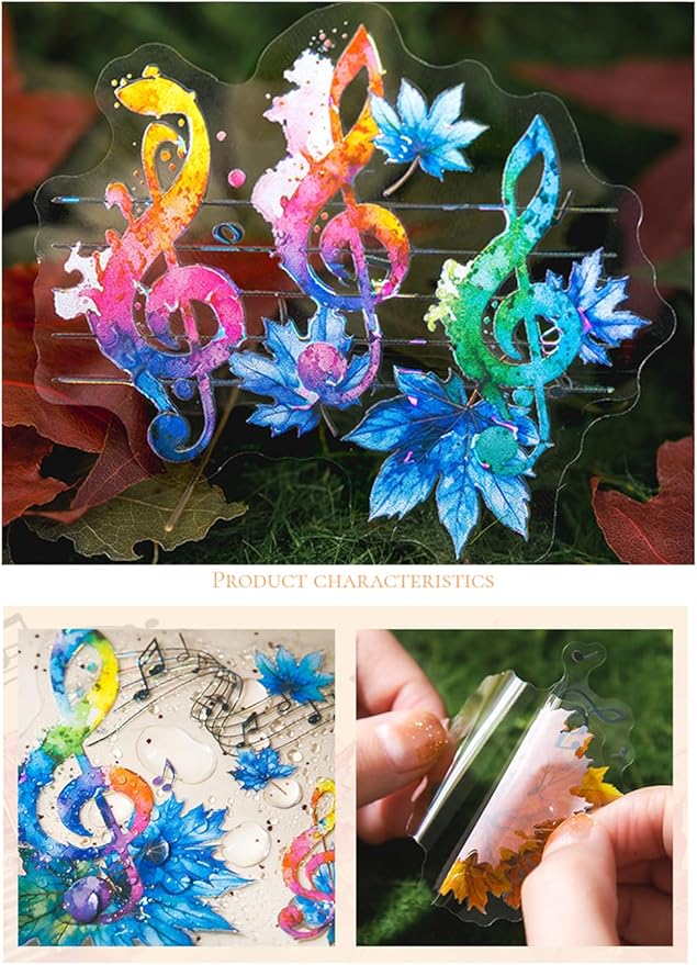 MAFELOE Scrapbook Stickers of 10 Pieces, PET Aesthetic Deco Stickers Journaling Supplies for Junk Bullet Bottles Laptop- Maple Leaf&Music Series-A