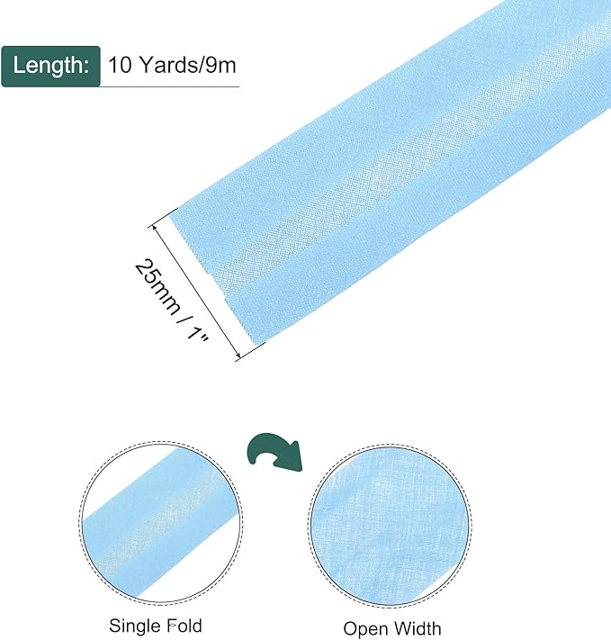 MECCANIXITY 1 Inch Single Fold Bias Tape Polyester Continuous Bulk Bias Tape for Sewing,Seaming Quilting Hemming Binding Crafts (Light Blue 10 Yards)