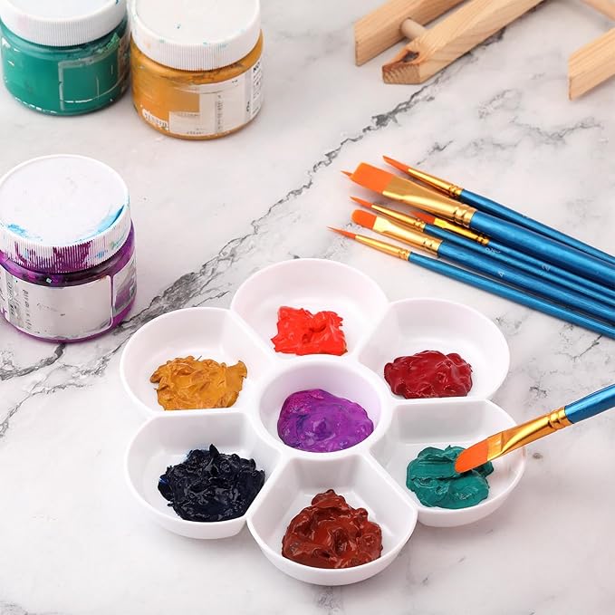25 Pcs Paint Pallet with 7 Wells Plastic Paint Tray Flower Watercolor Palette for Mixing Color Kids Adults Craft Gouache Oil DIY Art Easy to Clean, White