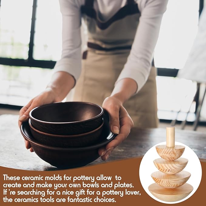 4 Pack Pottery Molds Plaster Molds Wood Pottery Tools with Handle Foam for Ceramic Top Forms DIY Bowls Plate Dish Slump Press Art, Hemispherical, 5.5'' 6.5'' 7.5'' 8.5'', Thickness 2.5''