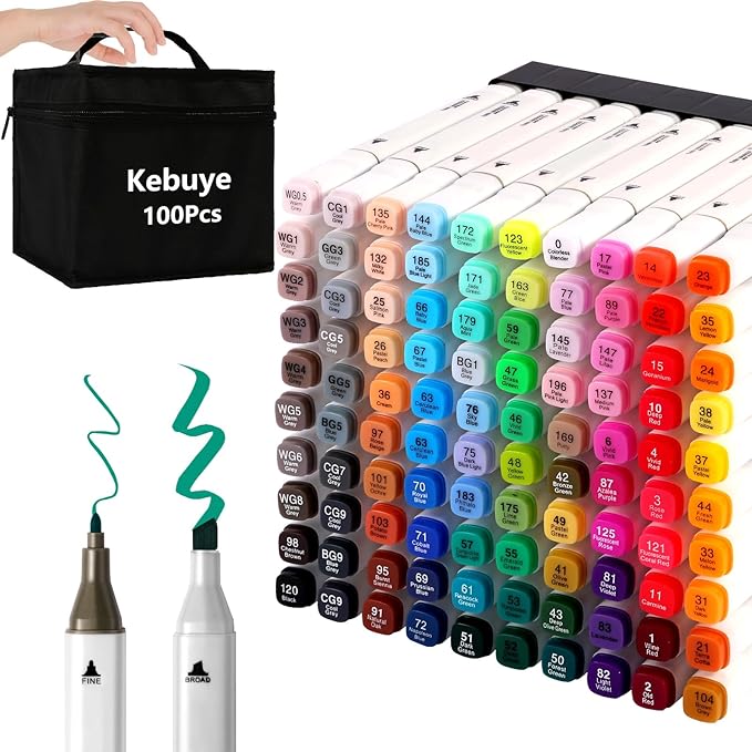 Alcohol Markers 100 Colors, Alcohol Based Marker with Case, Dual Tip Art Markers for Kids Adults Coloring Books, Sketch Permanent Marker Pens, School Supplies Christmas Gift