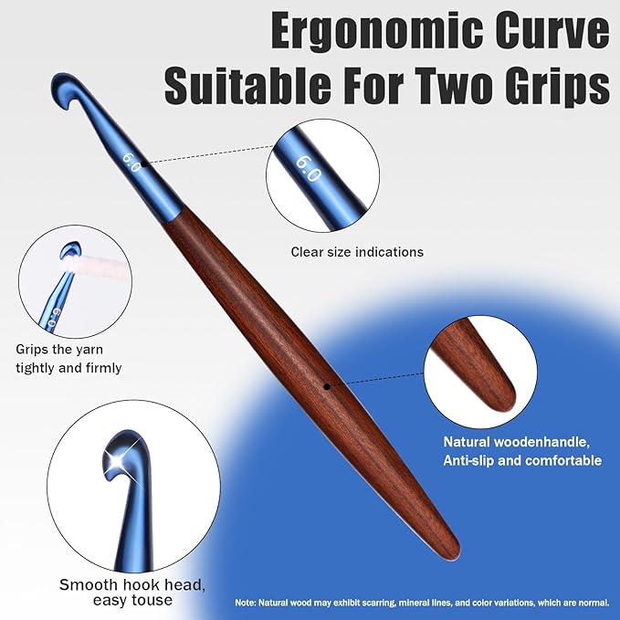 Giwrmu 3 Pcs Crochet Hooks, 5.0mm/6.0mm/7.0mm Ergonomic Crochet Hook, Colored Aluminum Crochet Hook with Wooden Handle Crochet Needle for Crocheting Yarn