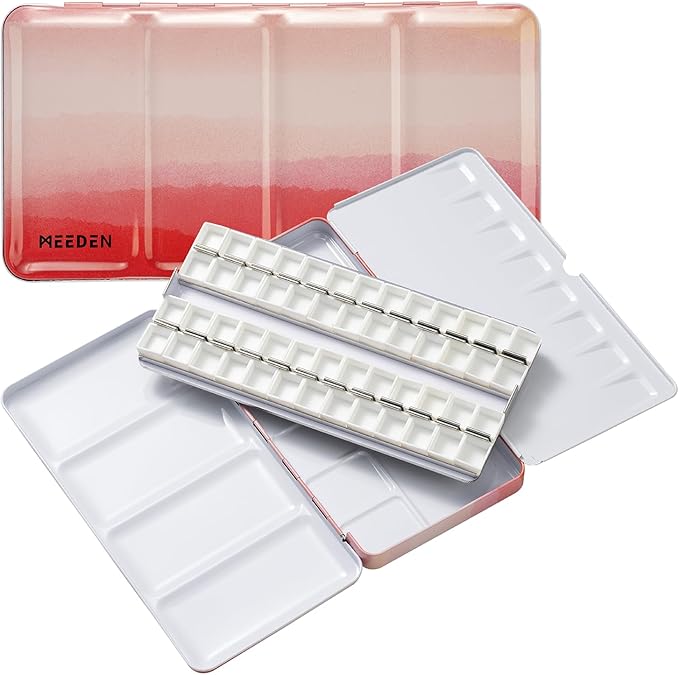 MEEDEN Empty Watercolor Tin Palette: Portable Watercolor Palette Paint Case with 48 Half Pans - Metal Watercolor Palette Tin Box with Lid for Artist Student Adults (Red)