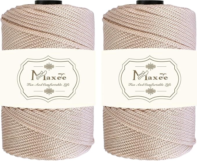 Maxee Premium Polyester Macrame Cord 3 mm × 218 yd (2 Pack),3mm 100% Polypropylene Macrame Cord,Ideal for Crochet, Wall Hangers, Bags, Rugs & DIY Crafts（Khaki White）