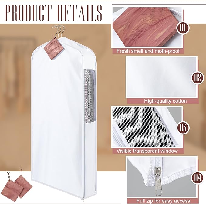 40" Short Cotton Garment Bag for Hanging and Storage Clothes with 4 Cedar Blocks for Fresh Smell, Breathable Hanging Bags for Closet Storage Fur Coat Suit Sweater Jackets, 6'' Wide, White